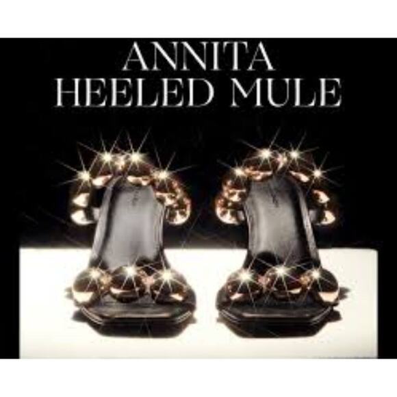 Rebecca Minkoff Annita Gold Studded Black Leather Slip-On Heels sz 8 - Picture 2 of 7